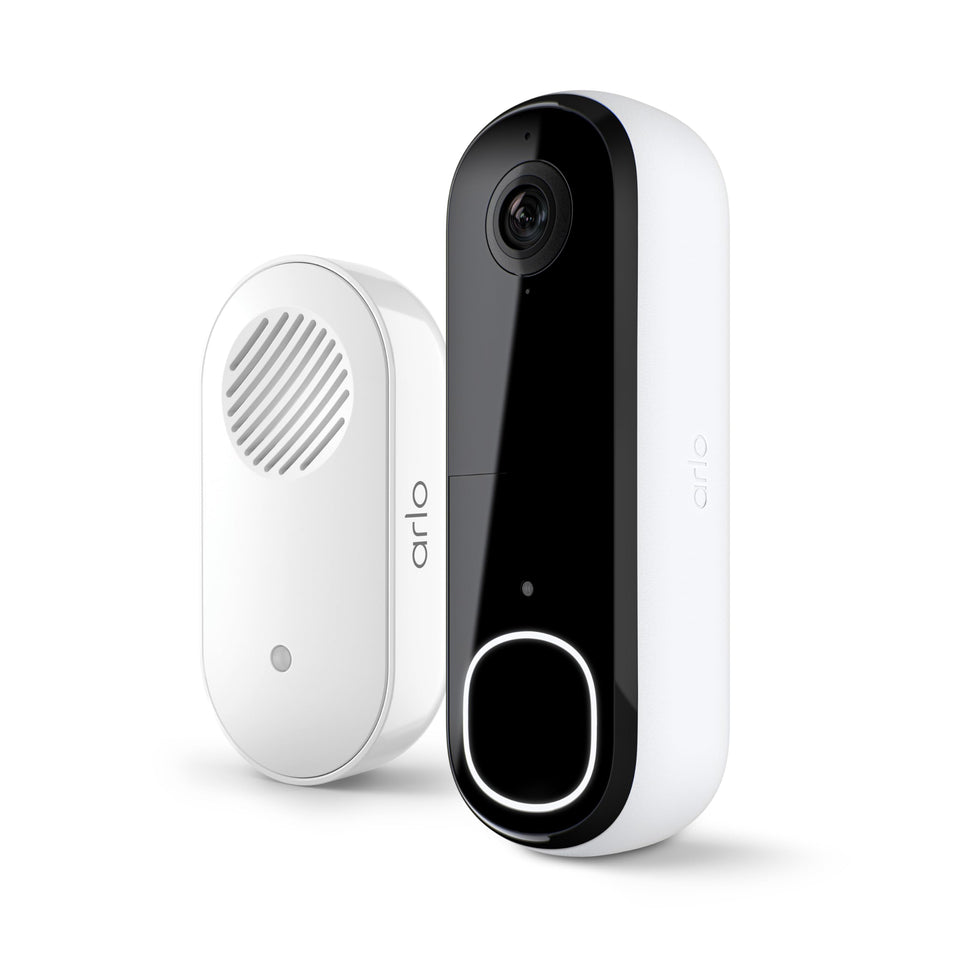 Arlo front-facing doorbell showing camera and button, clear identification benefit
