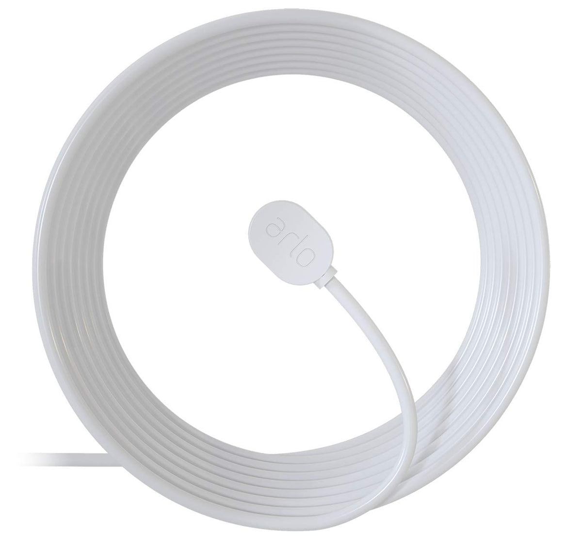 Arlo front packaging showing 25 ft cable and adapter with secure fit benefit