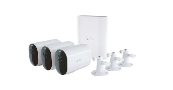 Arlo Pro 4 XL Spotlight 3-camera bundle front view with wire-free design and 2K clarity
