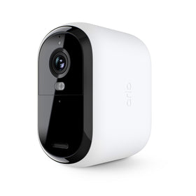 Arlo front view of camera showing sleek white body and lens, clear home monitoring
