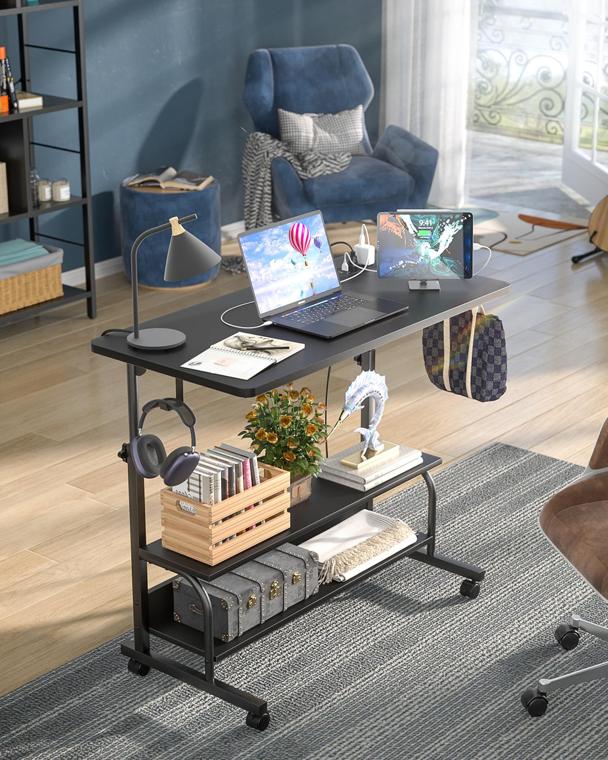 Armocity desk with two-tier shelves and hooks for storage