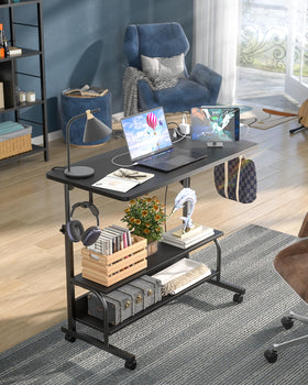 Armocity desk with two-tier shelves and hooks for storage