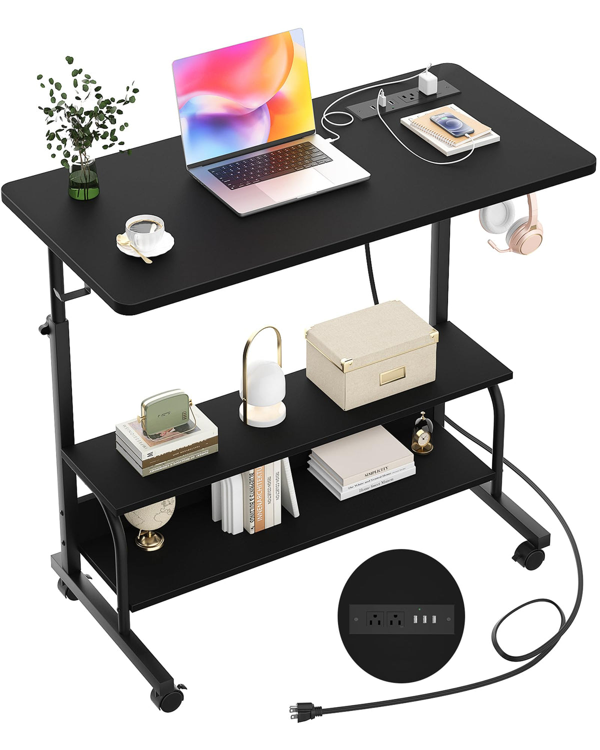 Armocity rolling desk with charging station for tidy laptop setup