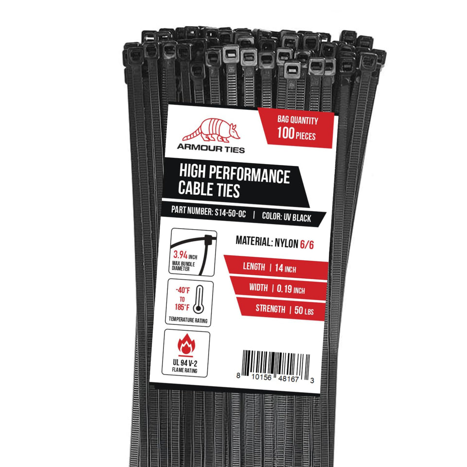 Armour Ties 14-inch black zip tie for heavy-duty organization and quick installations.