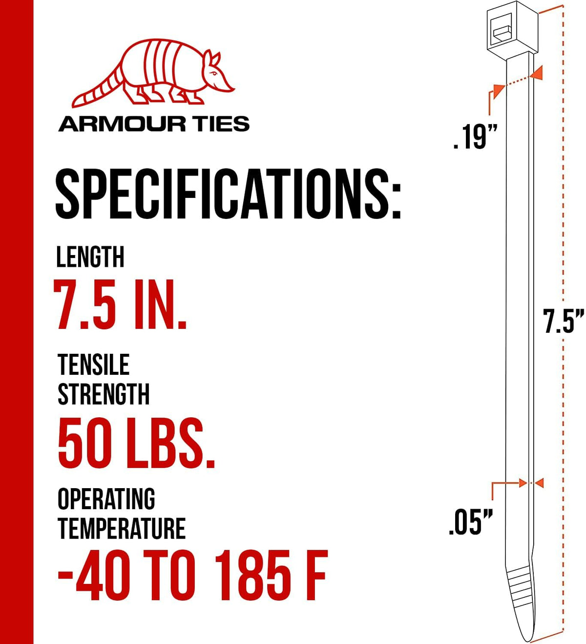 Armour Ties length comparison next to ruler showing 7.5-inch fit benefit