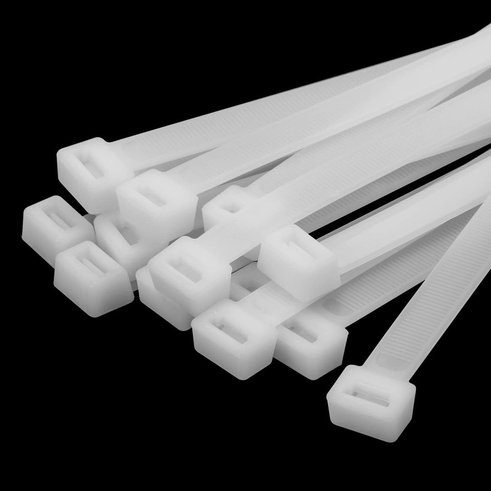 Armpow 12-inch white zip ties securing outdoor cables for organized setup