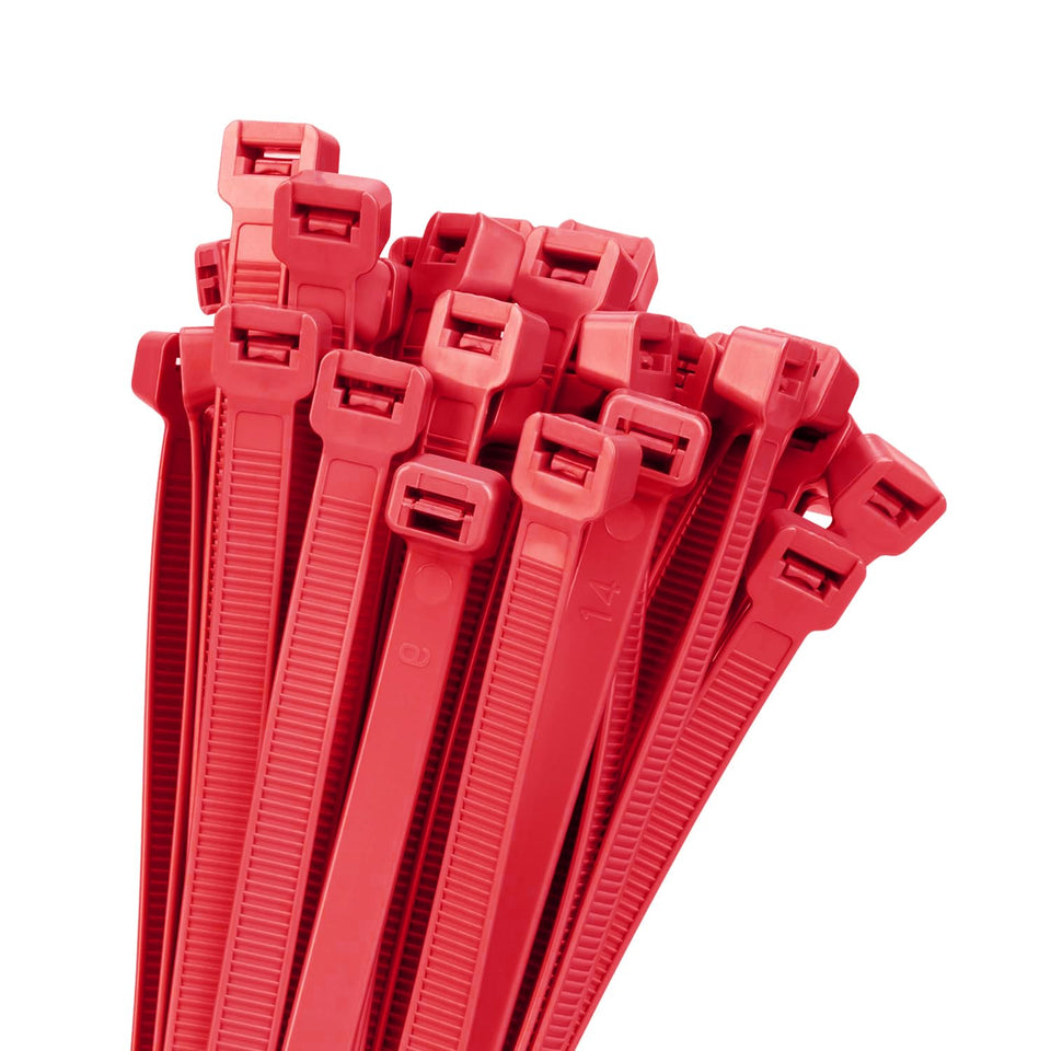 Armpow 18in red zip ties 100-pack for strong outdoor fastening.