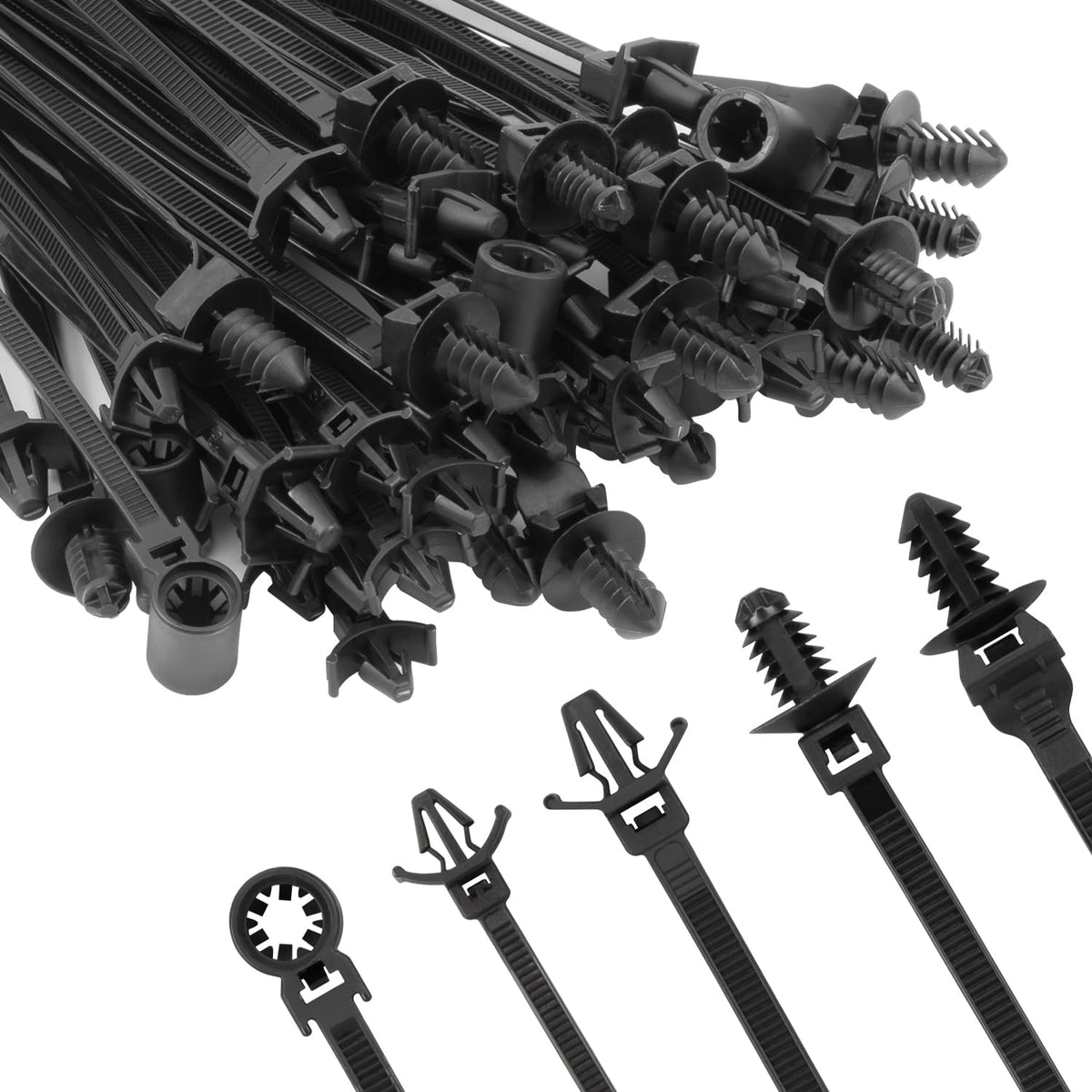 Armpow 210pcs cable ties kit closeup highlighting durable black nylon for secure wiring.