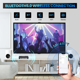 ARRAROWN rear ports and connections showing Bluetooth, USB, AUX for flexible inputs