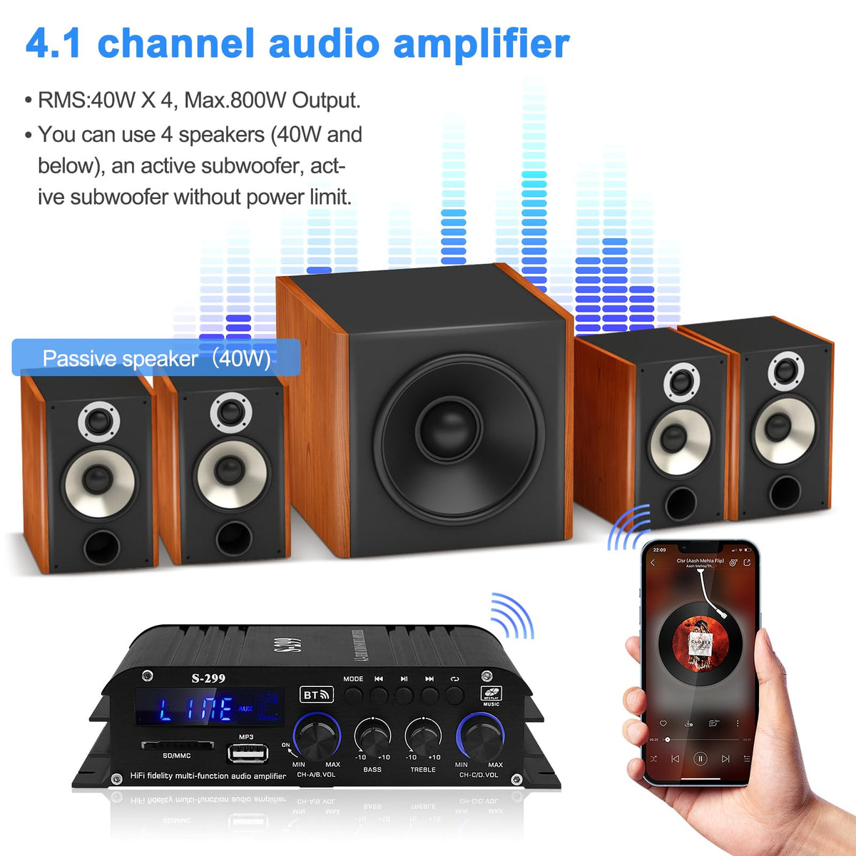 ARRAROWN S-299 remote control in hand for convenient wireless operation and EQ changes