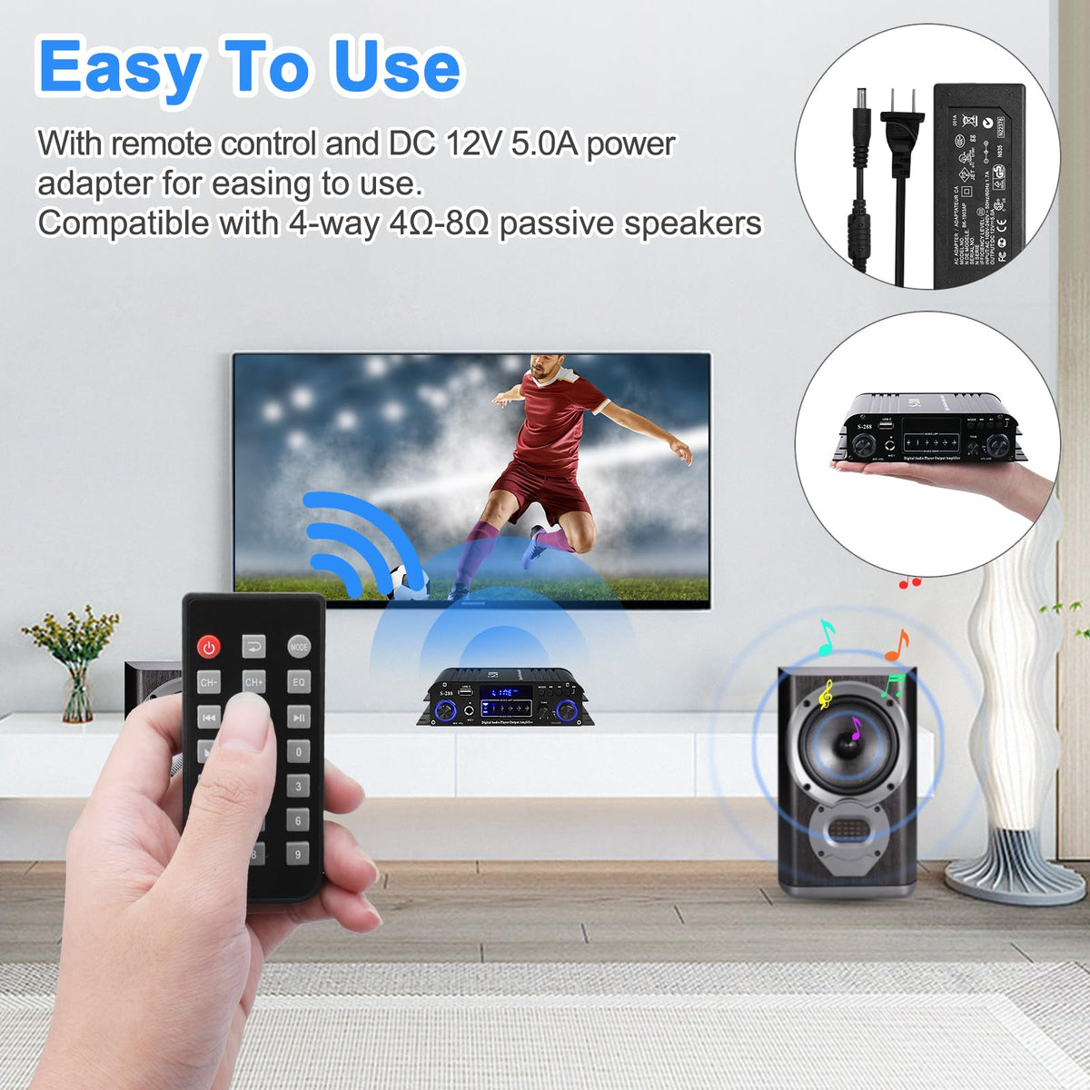 ARRAROWN S-288 powering four passive speakers to demonstrate multi-room and surround-lite capability