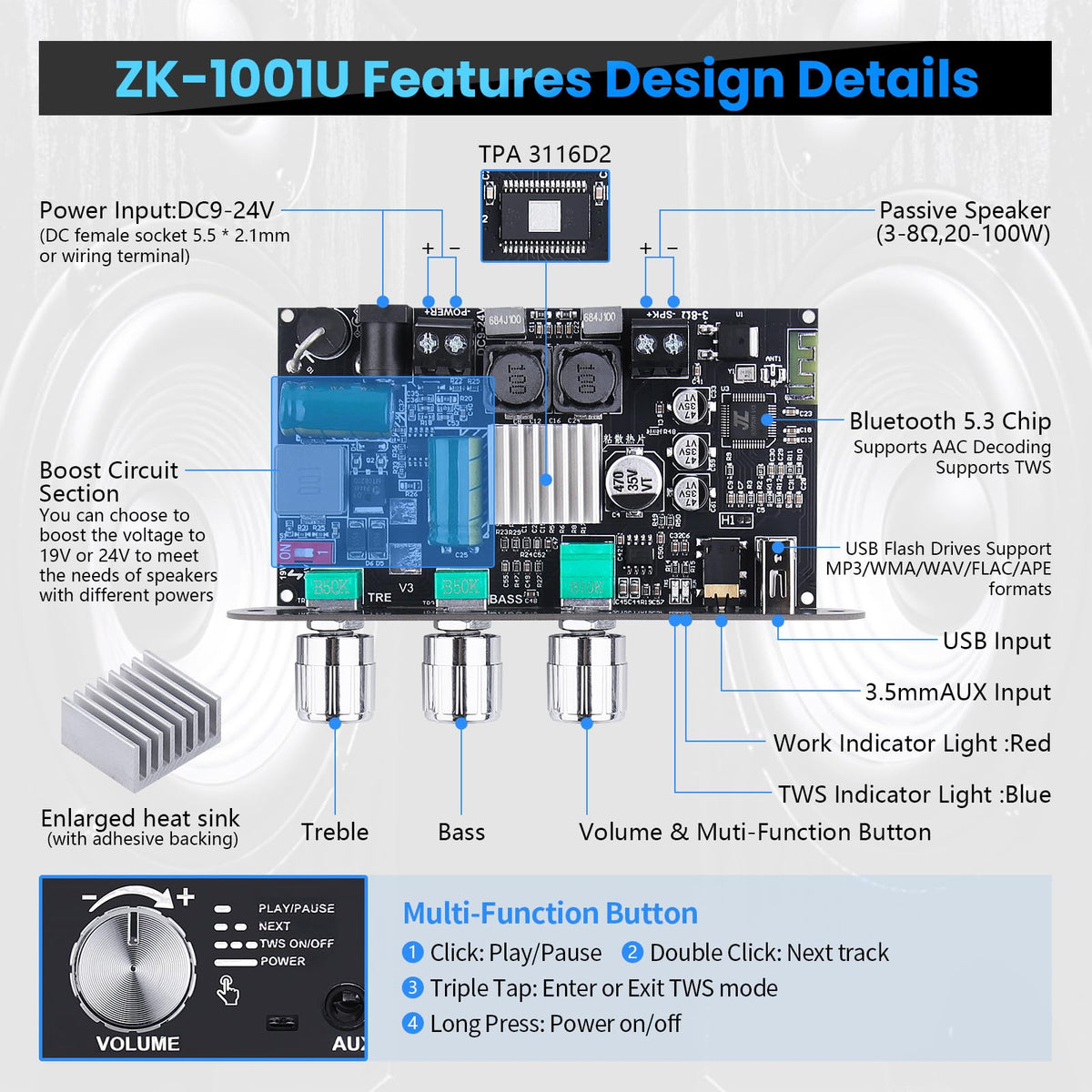 ARRAROWN ZK-1001U treble and bass controls for customization