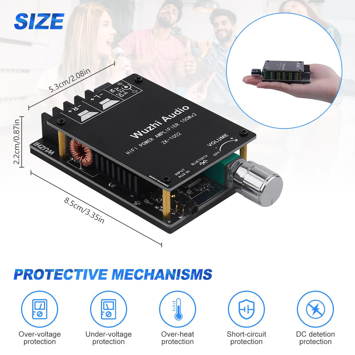 ARRAROWN ZK-1002 audio connectors enable quick Bluetooth or AUX connections.