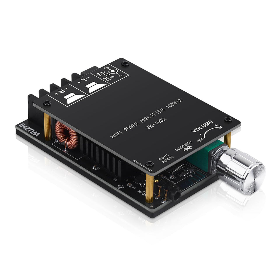 ARRAROWN ZK-1002 top view shows compact dual-channel amplifier for DIY speakers.