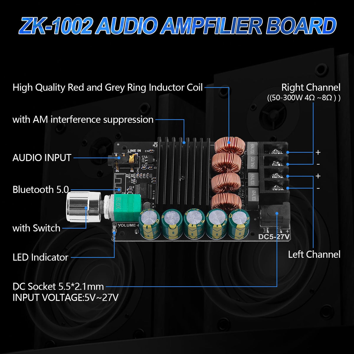 ARRAROWN ZK-1002 TPA3116D2 chips visible for clean stereo output.