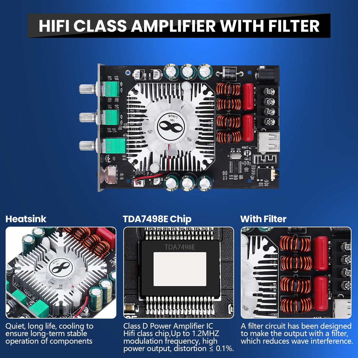 ARRAROWN ZK-1602T shows dual TDA7498E chips for clean stereo power.