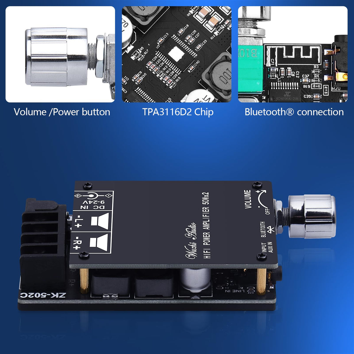ARRAROWN ZK-502C compact-size amplifier module fits inside small speaker enclosures.