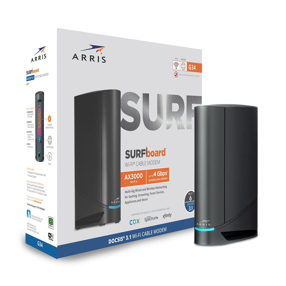 ARRIS G34 cable modem-router front view with status LEDs for quick setup