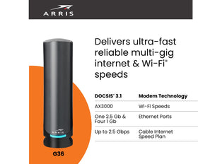 ARRIS G36 DOCSIS 3.1 AX3000 speeds boost streaming and gaming.