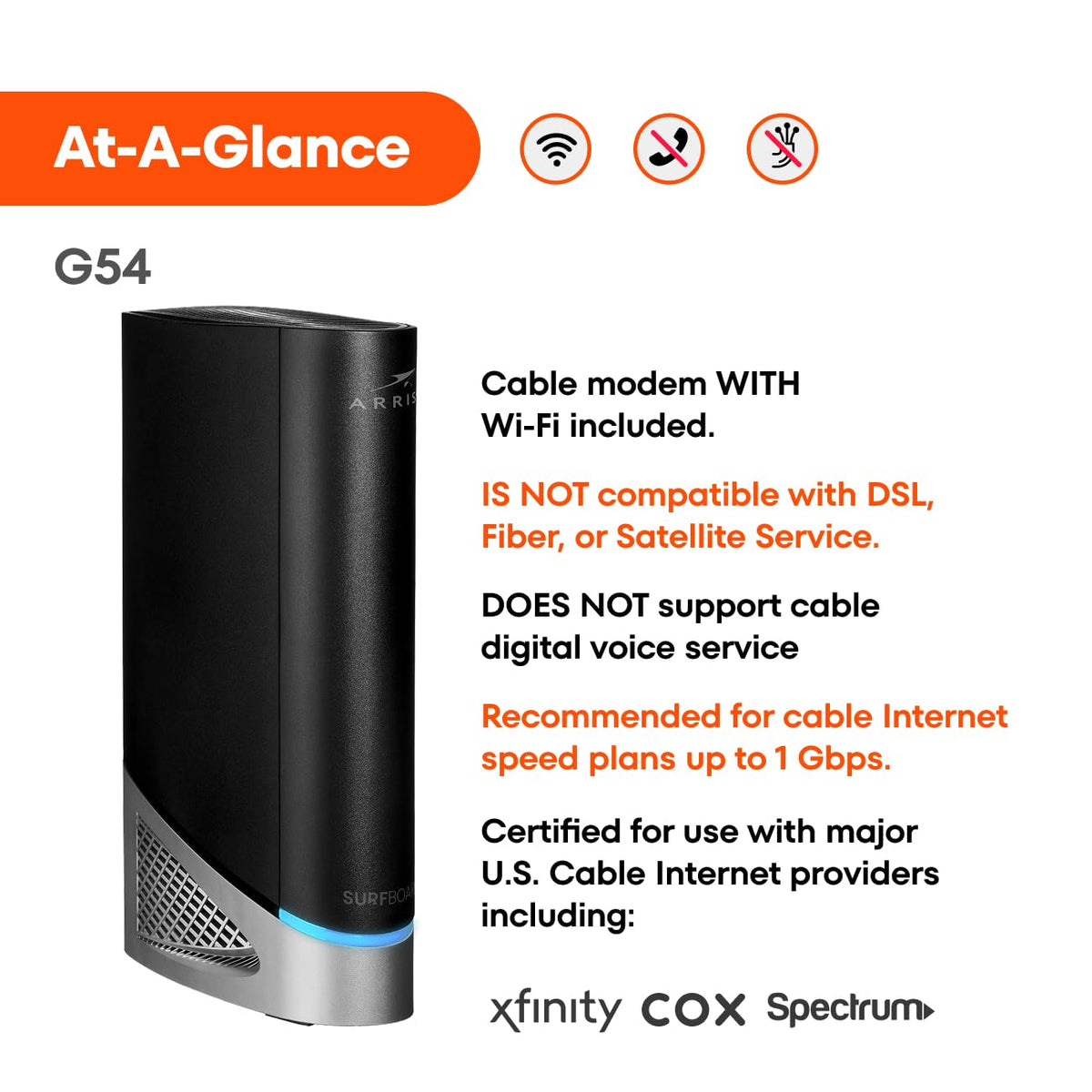 ARRIS G54 with Xfinity Spectrum and Cox logos indicating ISP compatibility.