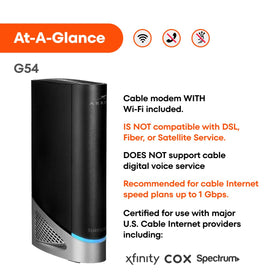 ARRIS G54 with Xfinity Spectrum and Cox logos indicating ISP compatibility.