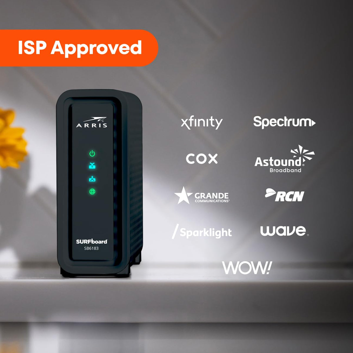 ARRIS SB6183 retail box and warranty card highlighting included coverage benefit
