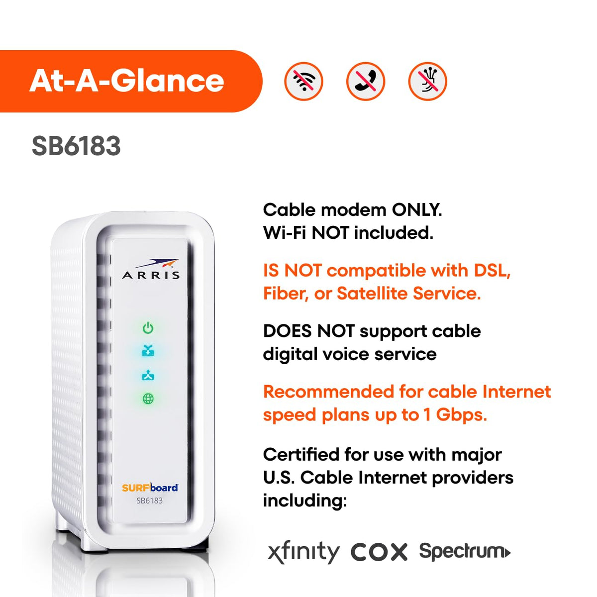 ARRIS SB6183 connected to coax cable for reliable signal