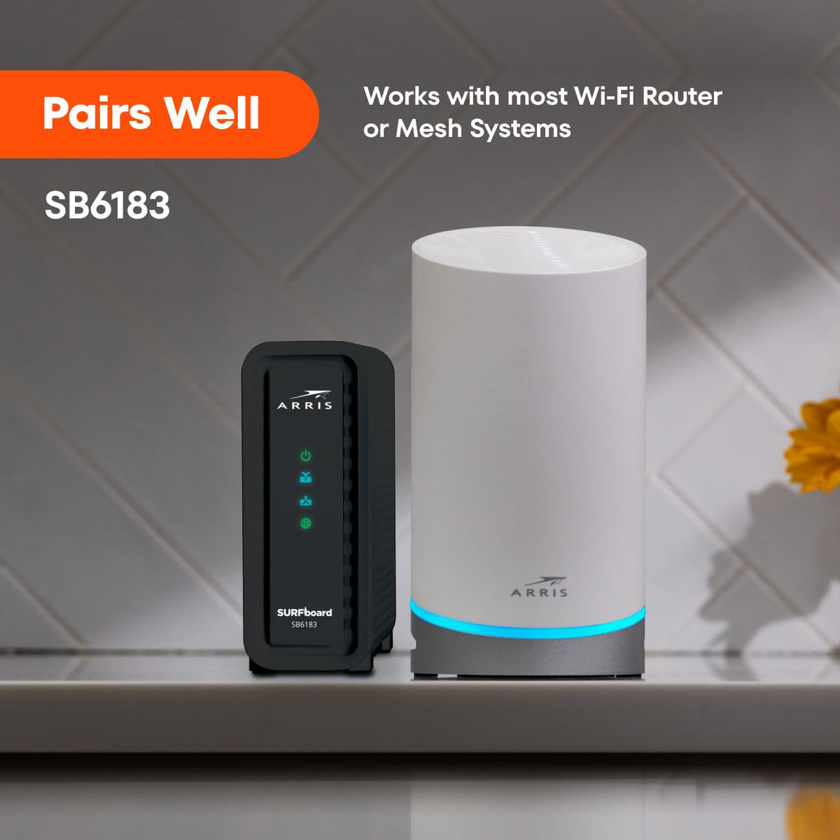 ARRIS SB6183 connected beside a router demonstrating stable wired network benefit