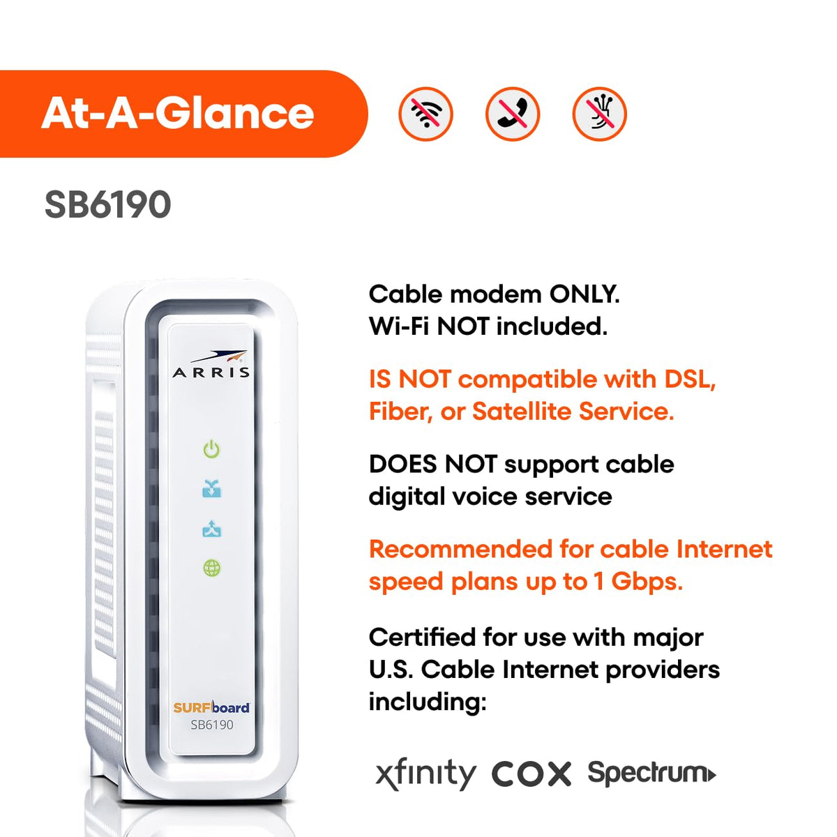 ARRIS SB6190 back panel with ports for Ethernet and coax.