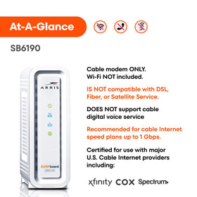 ARRIS SB6190 back panel with ports for Ethernet and coax.