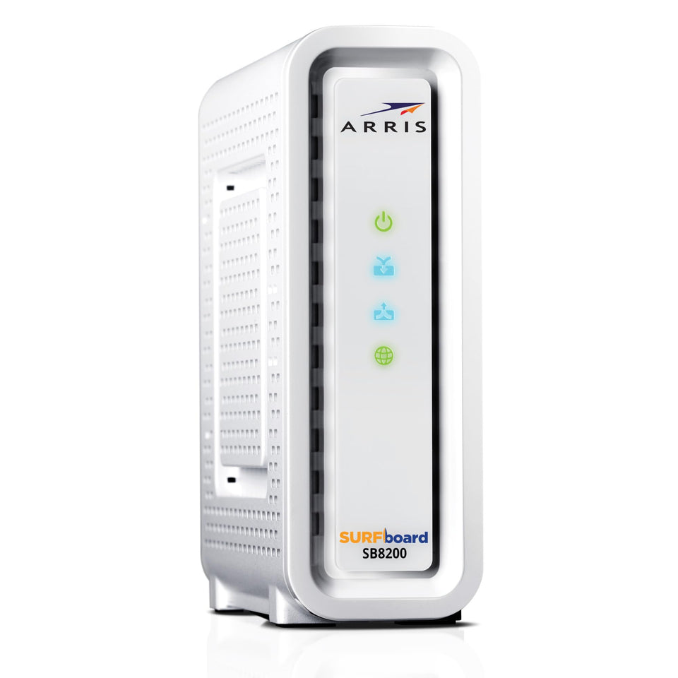 ARRIS SB8200-RB front view showing compact modem ideal for small desks and setups.