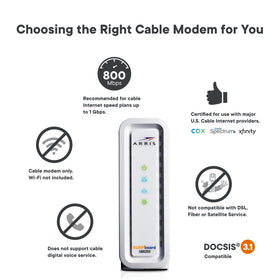 ARRIS SB8200-RB rear ports with two gigabit Ethernet jacks for wired devices.