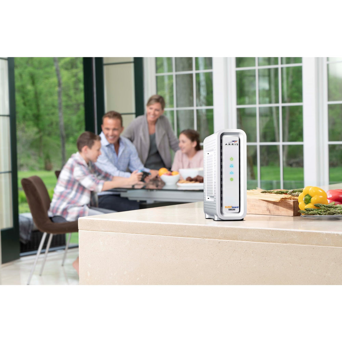 ARRIS SB8200-RB slim side profile fits neatly in a home office or media space.