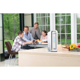 ARRIS SB8200-RB slim side profile fits neatly in a home office or media space.