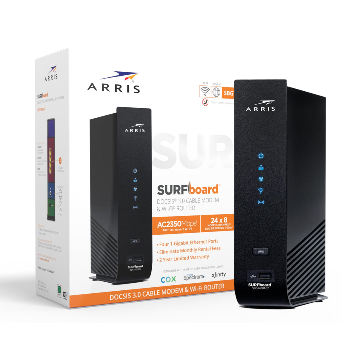 ARRIS SBG7400AC2 packaging box highlighting easy setup and value