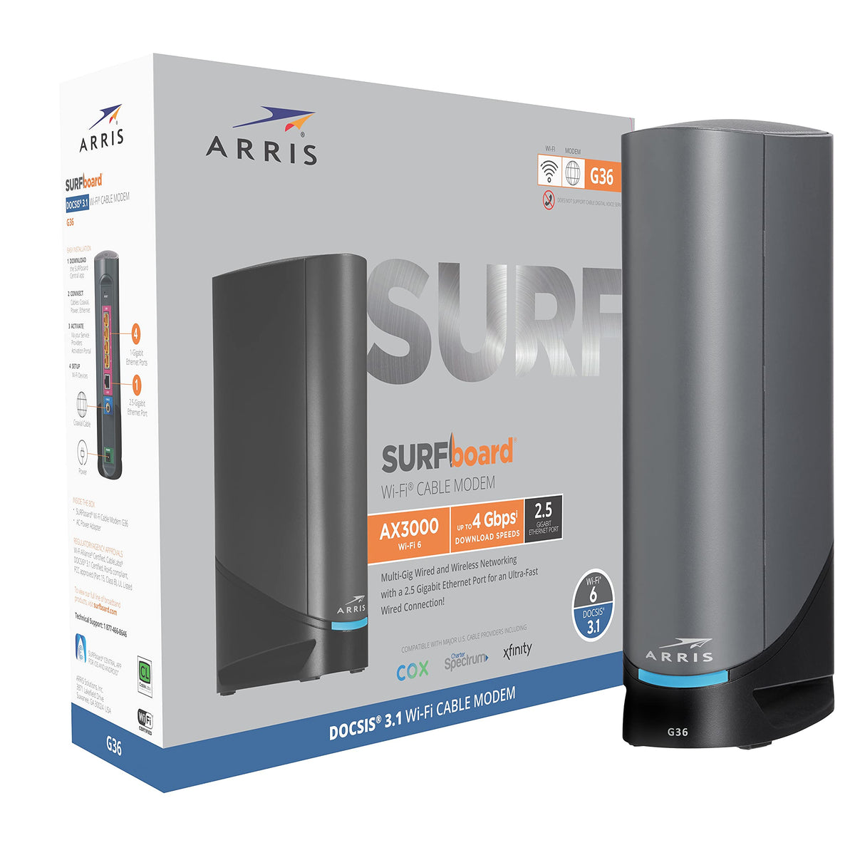 ARRIS Surfboard G36 front view for strong whole-home Wi‑Fi coverage.