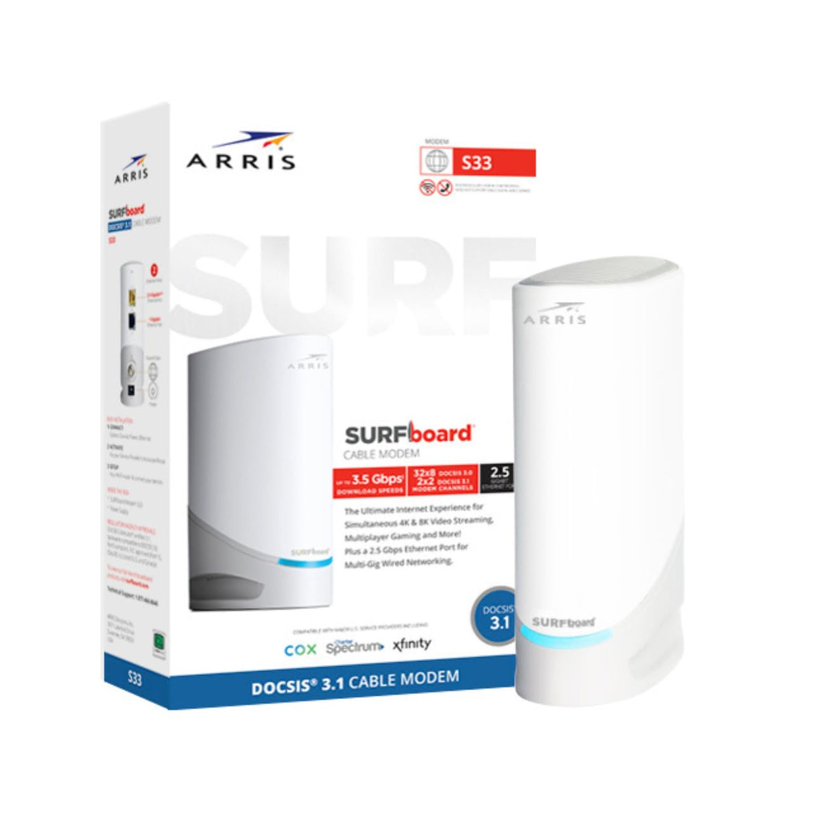 ARRIS Surfboard S33 front view showing compact modem design for space saving