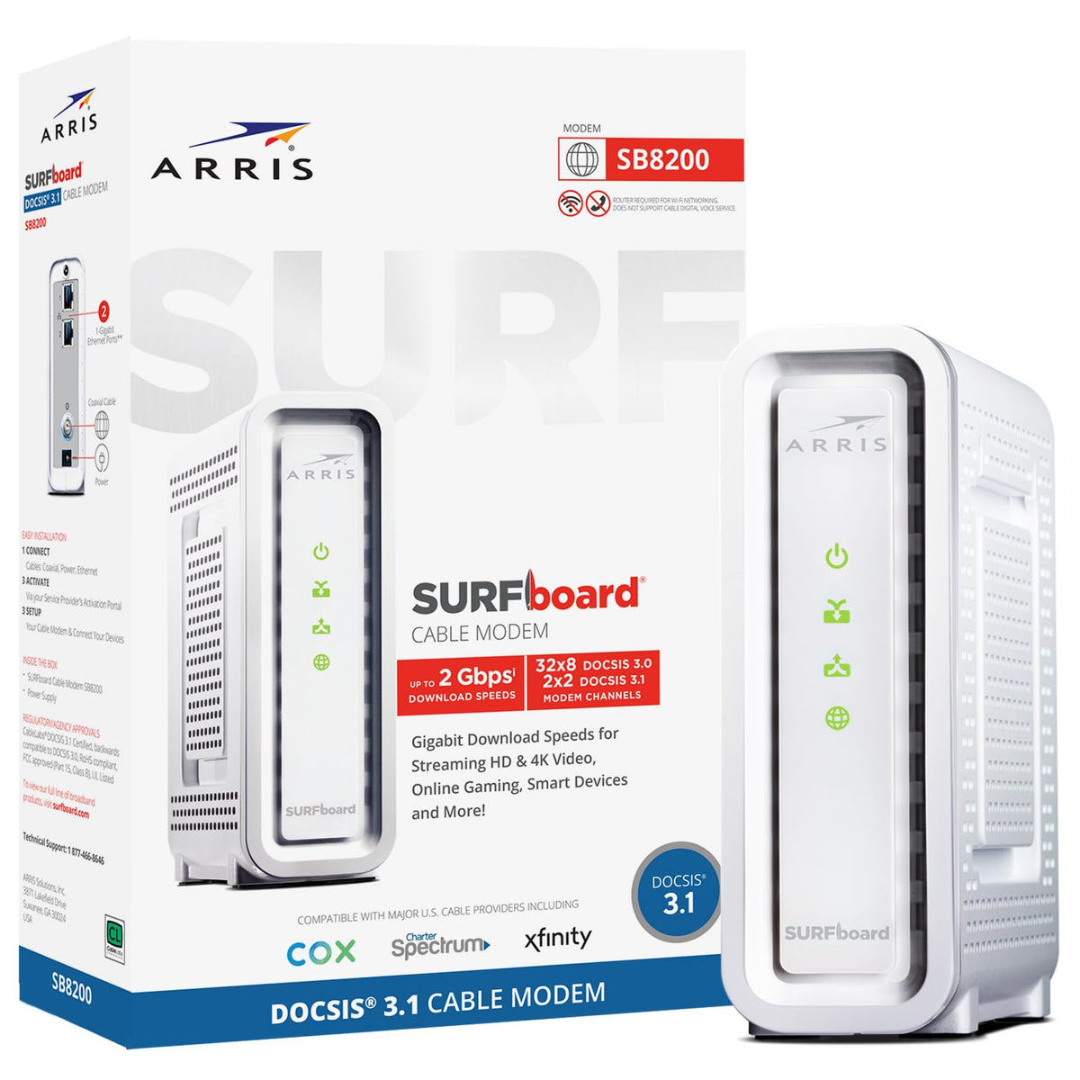 ARRIS SB8200 front view showcases compact design for space-saving placement.