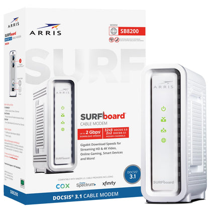 ARRIS SB8200 front view showcases compact design for space-saving placement.