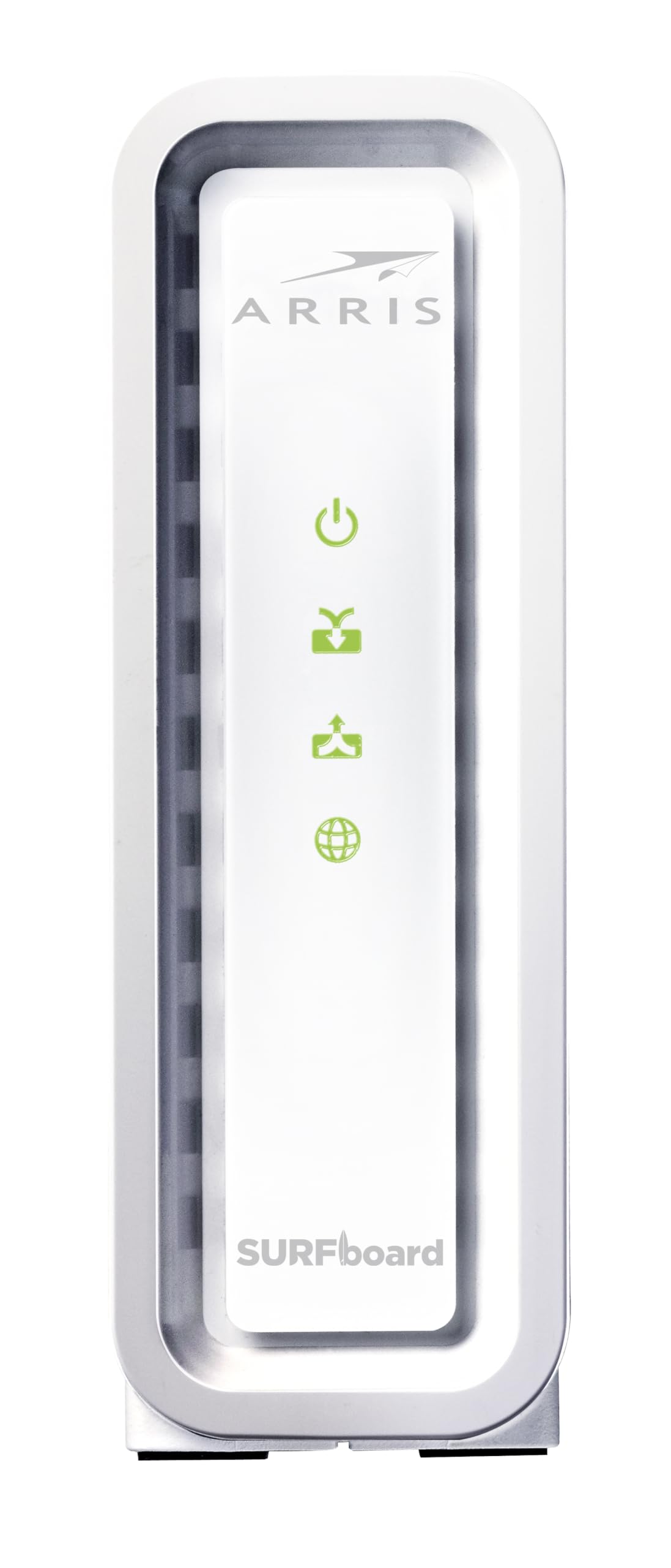 ARRIS SB8200 LED status view emphasizes clear online and synchronization indicators.