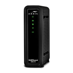 ARRIS SBG10-RB front view showing LEDs and power, highlights easy status monitoring