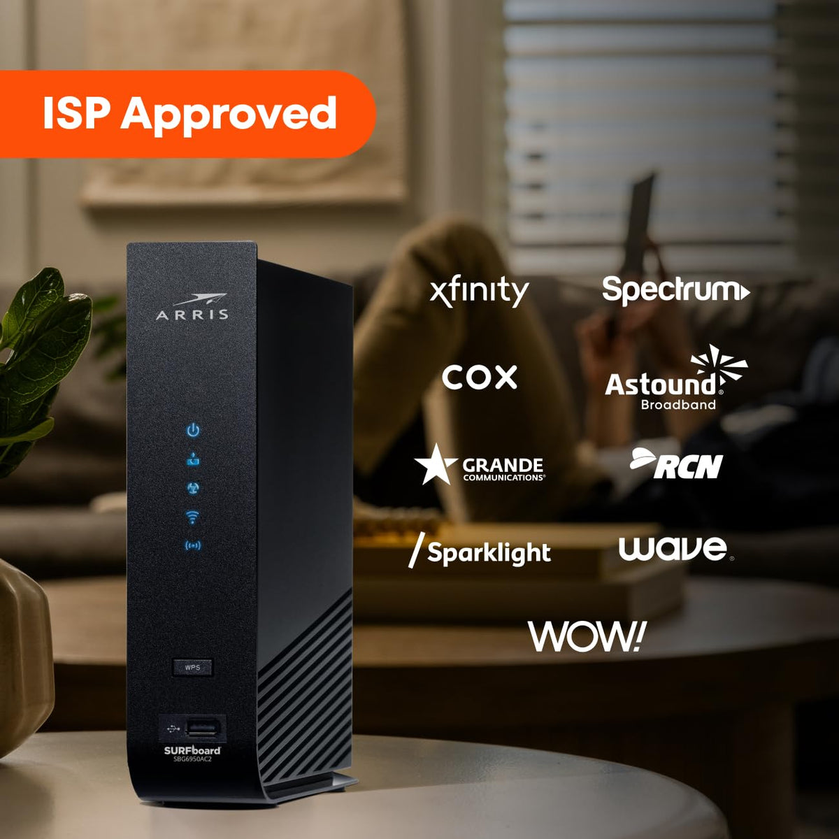 ARRIS Surfboard SBG6950AC2 living room setup showing ready to use modem router