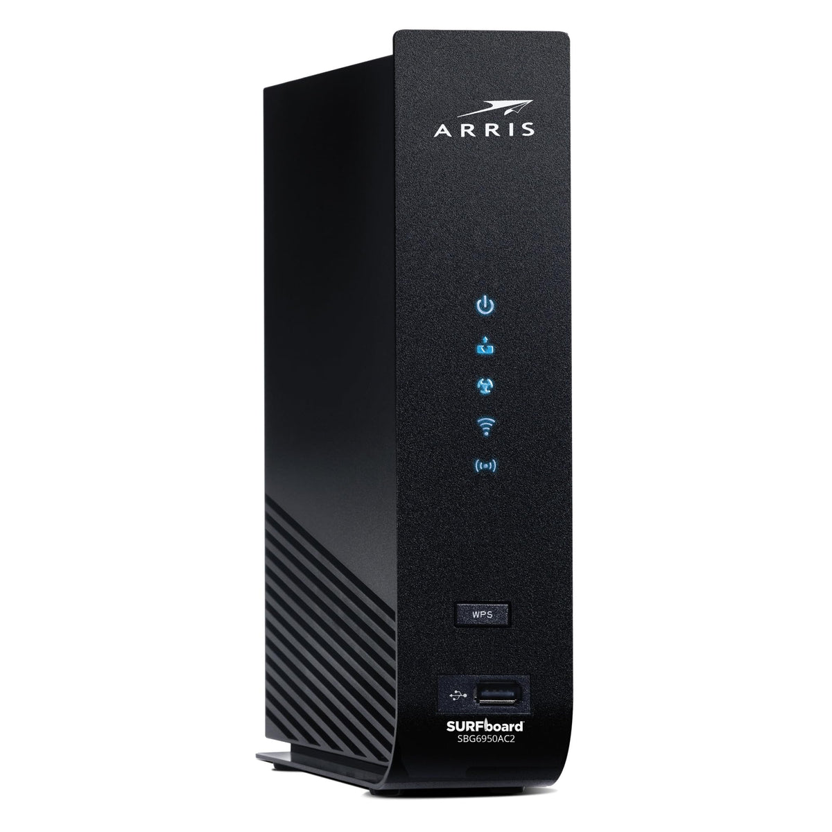 ARRIS Surfboard SBG6950AC2 front view showing dual band Wi Fi and four ports for fast networking