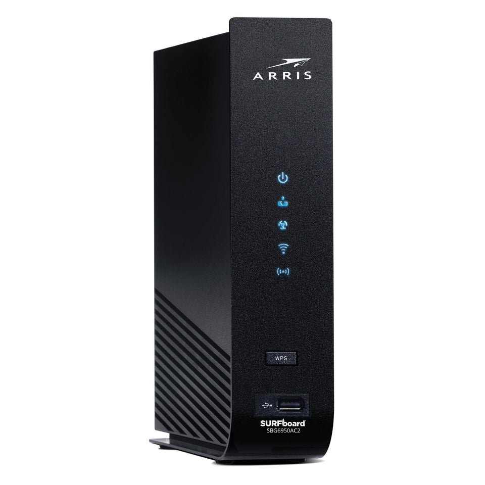 ARRIS Surfboard SBG6950AC2 front view showing dual band Wi Fi and four ports for fast networking