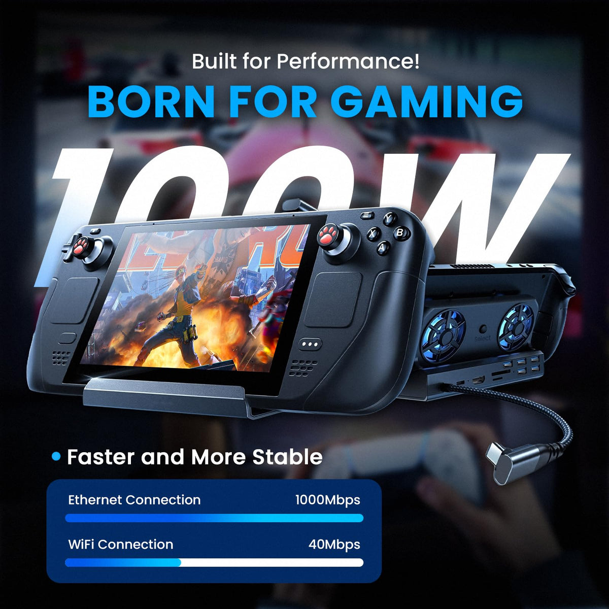 Arrocent lifestyle setup beside TV demonstrating docked console streaming comfort