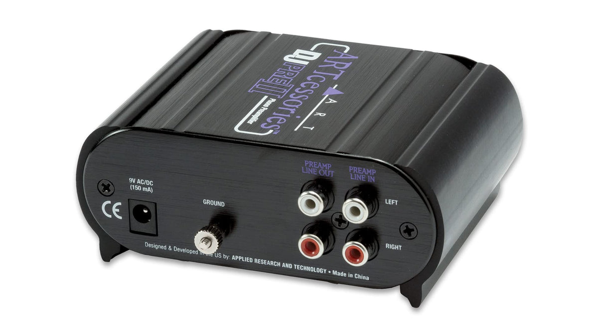 ART DJPREII rear view with RCA inputs outputs and ground terminal for easy hookup
