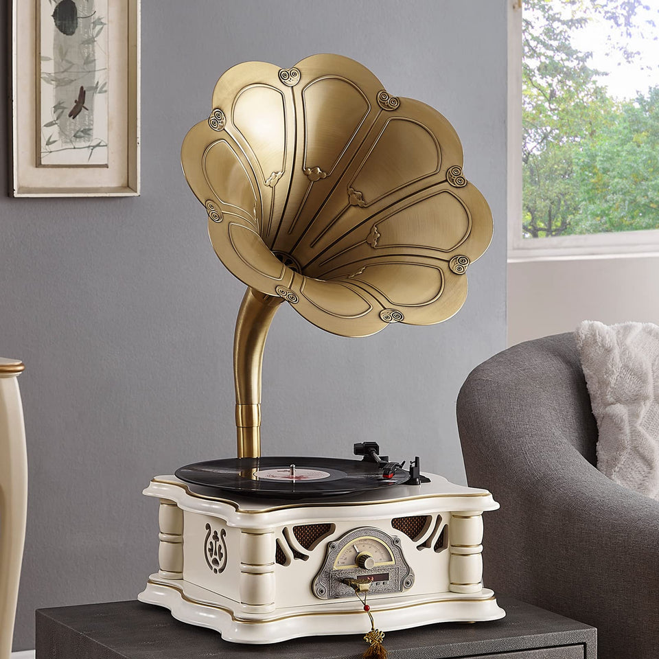 Artisam vintage gramophone with wood base for stylish home décor.