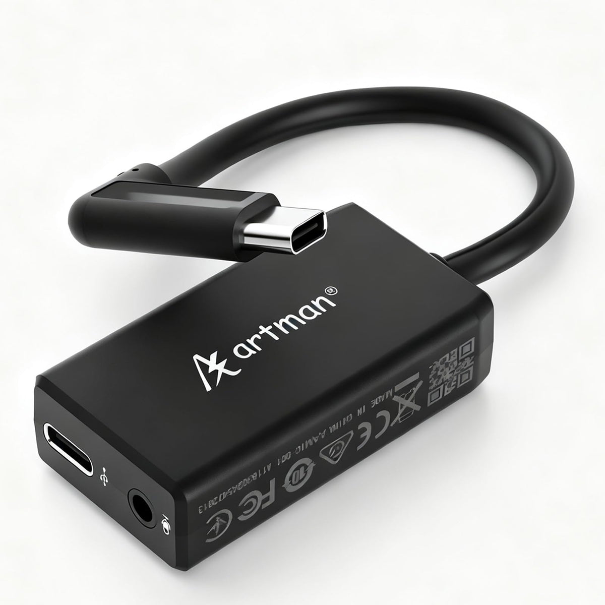 Artman adapter front view showing USB-C connector and compact design for reliable audio
