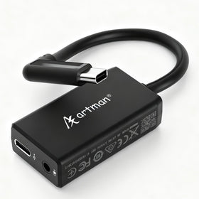 Artman adapter front view showing USB-C connector and compact design for reliable audio