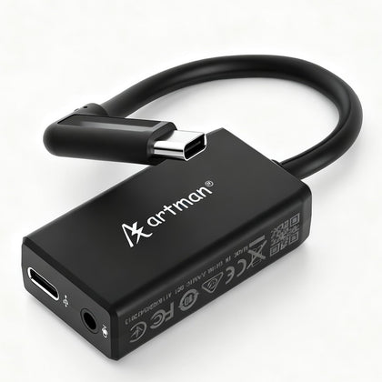 Artman adapter front view showing USB-C connector and compact design for reliable audio